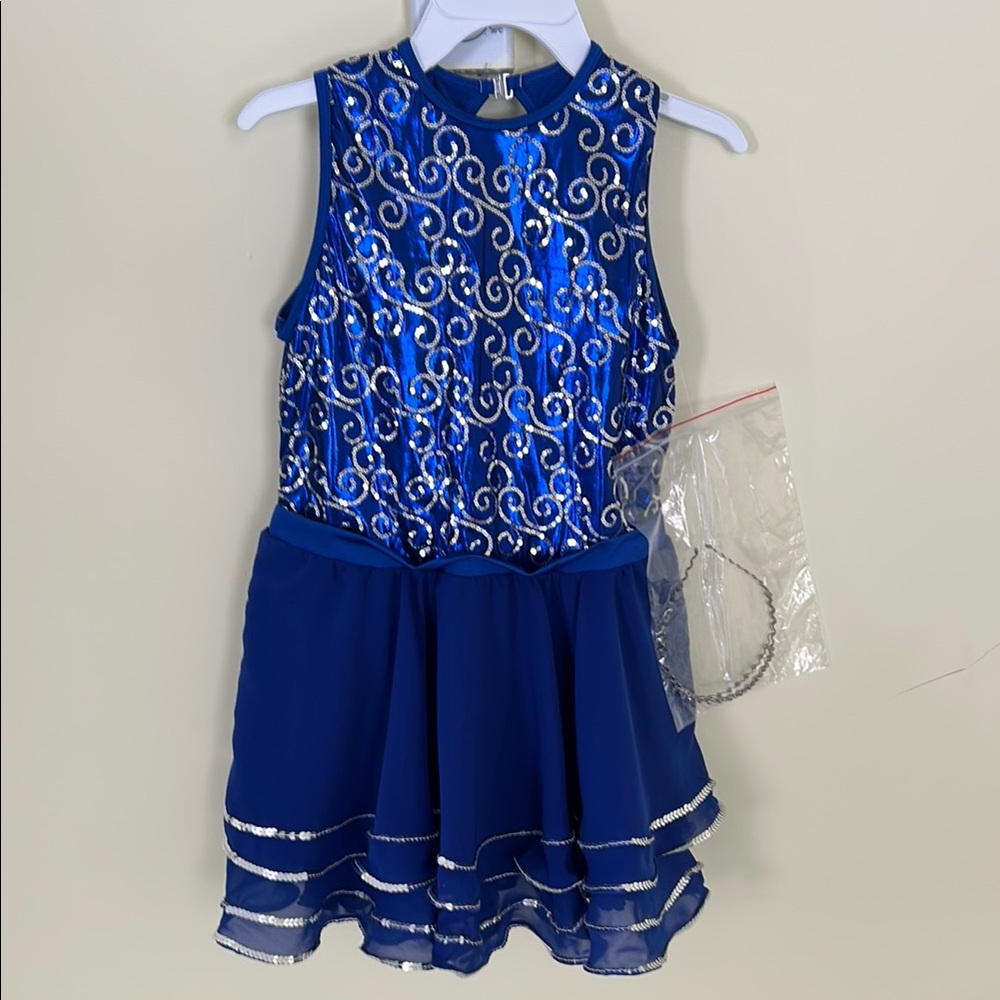 Laylas Dance Costumes “Elegance”  Blue Dress and bodysuit with Silver Accents
